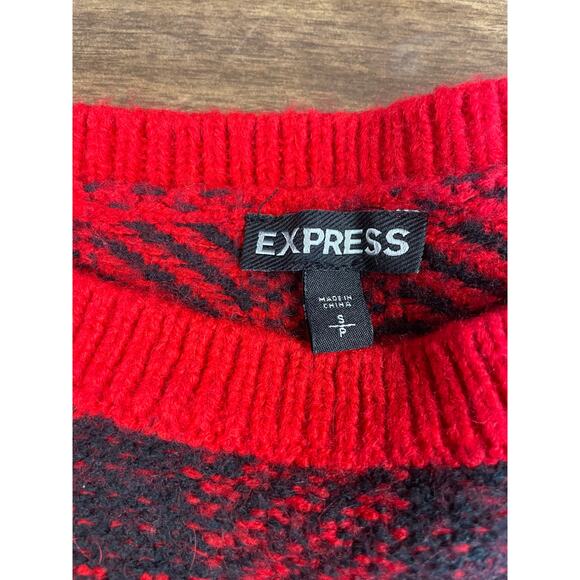 Express Women’s Red & Black Buffalo Plaid Knit Sweater Small Winter Pullover - Picture 3 of 11